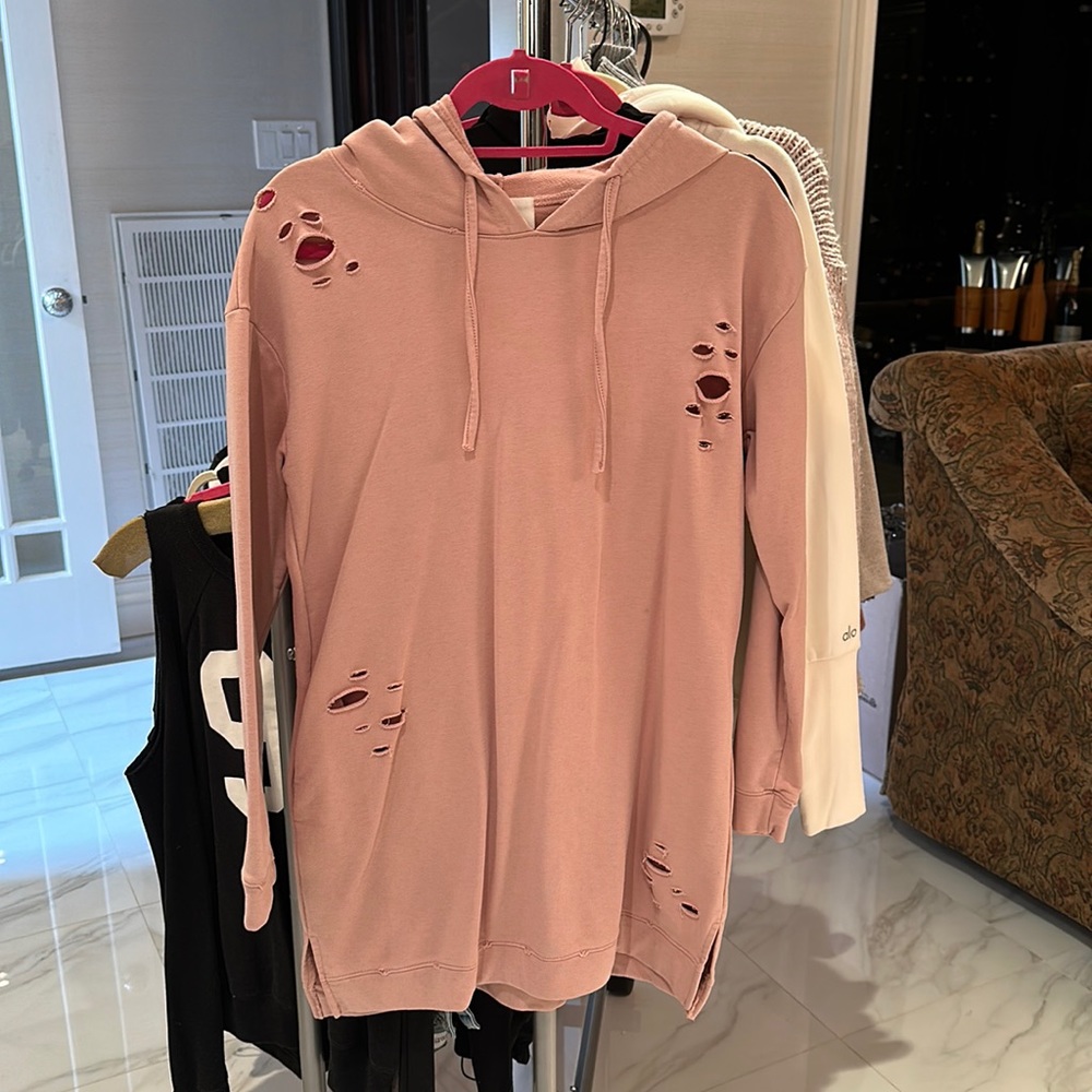 blush oversized distressed sweatshirt dress